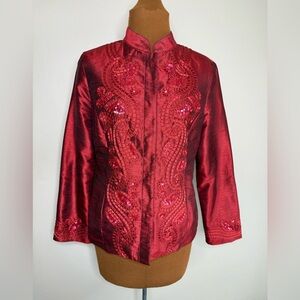 Chicos Silk Look Dress Jacket Ribbon Sequins Terracotta Red Hidden Buttons Sz 8